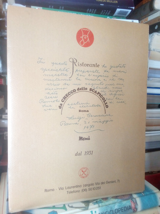 Menù storico vintage 1971 del ristorante da Checco dello Scapicollo, con dedica di Luigi Carnacina