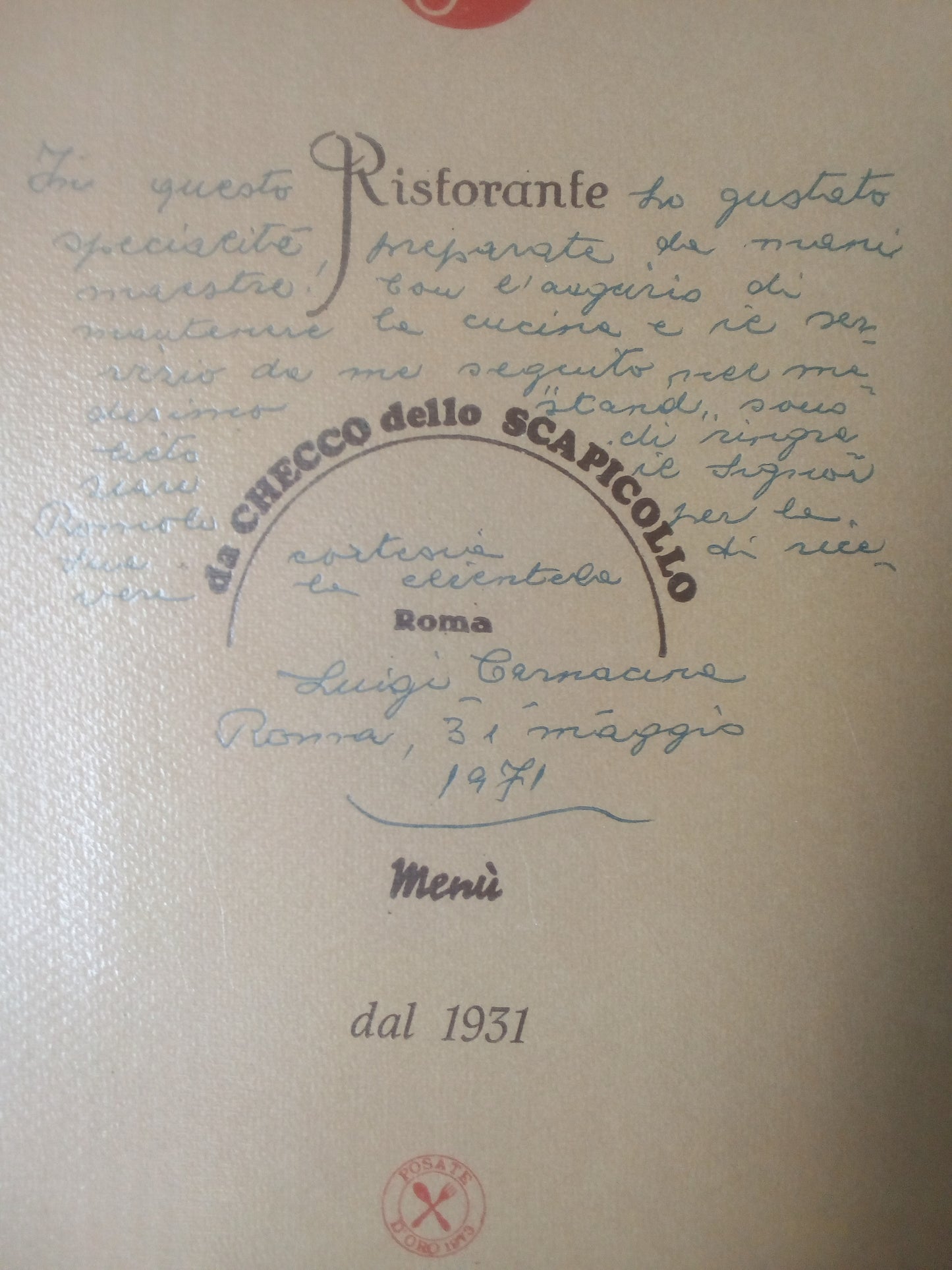 Menù storico vintage 1971 del ristorante da Checco dello Scapicollo, con dedica di Luigi Carnacina